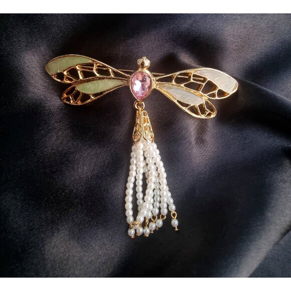 Vintage AVON Signed Dragonfly Green Enamel Pink Rhinestone Faux Pearl Beaded Tai - Picture 5 of 7